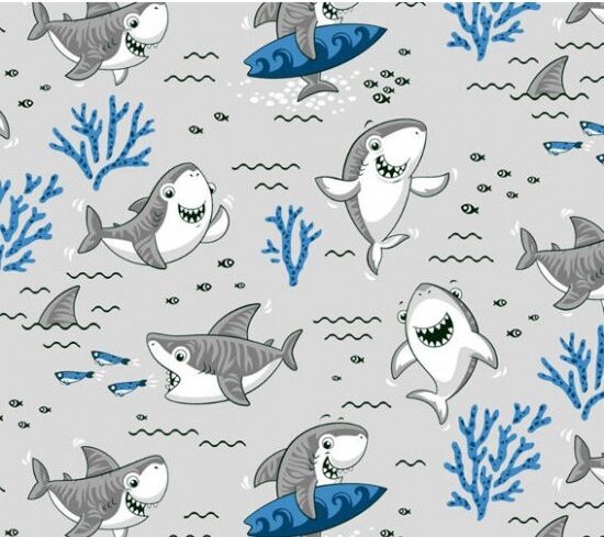 Tricoline Encantos Do Mar Shark Cinza Com Azul Marinho Cor 02