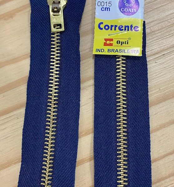 Ziper Metal Grosso Fixo Dourado Poliester Azul Marinho 15cm