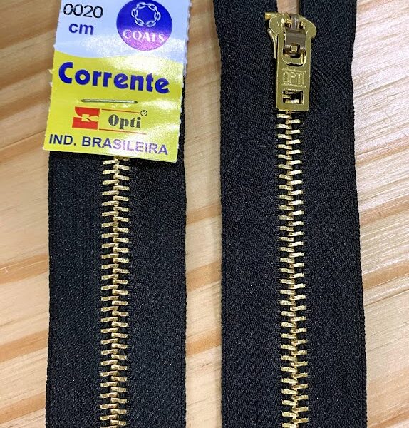 Ziper Metal Grosso Fixo Dourado Poliester Preto 20cm