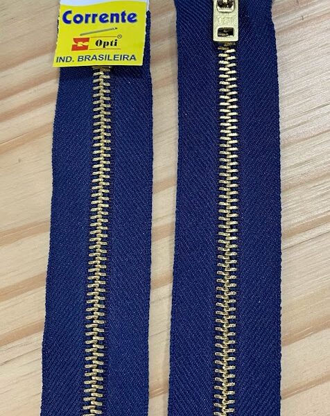 Ziper Metal Grosso Fixo Dourado Poliester Azul Marinho 20cm