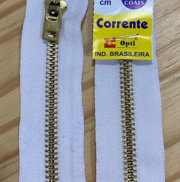 Ziper Metal Grosso Fixo Dourado Poliester Branco 15cm