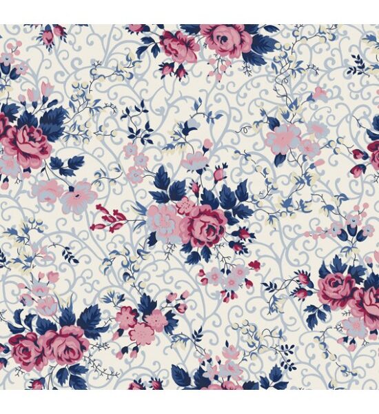 Tricoline Floral Fernanda Azul E Rosa Cor 04