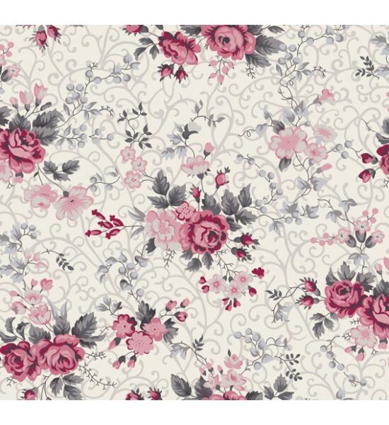 Tricoline Floral Fernanda Cinza Com Rosa Cor 03