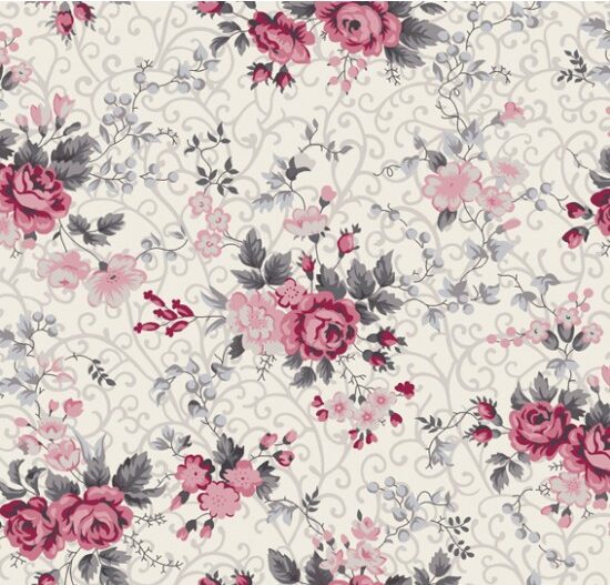 Tricoline Floral Fernanda Cinza Com Rosa Cor 03