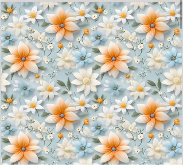 Tricoline Digital 3D Soft Floral 1 Azul e Laranja