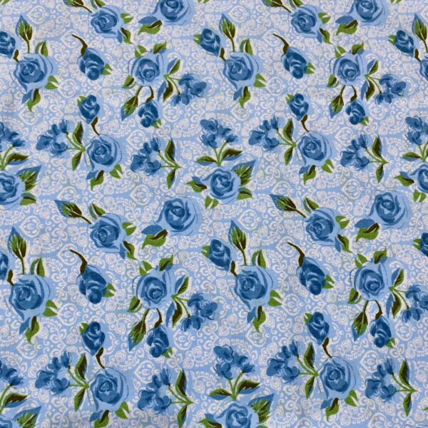 Tricoline Floral Arabesco Rosas Azul Premium