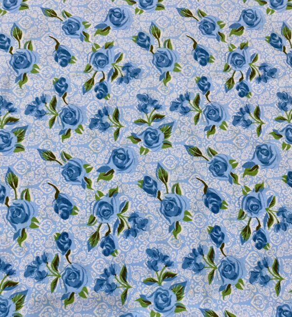 Tricoline Floral Arabesco Rosas Azul Premium