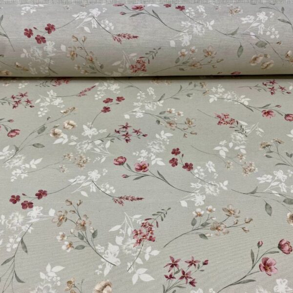Tecido Semi Impermeável Decokasa Floral Rosa/Branco fundo Cinza Esverdeado 6282 D Cor A - Imagem 2